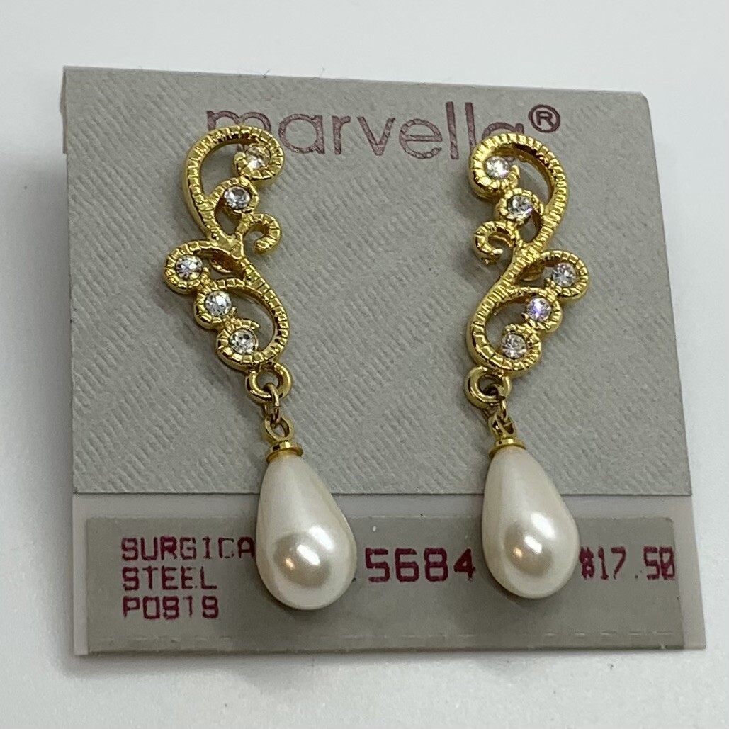 VTG MARVELLA FAUX PEARL TEARDROP RHINESTONE GOLD TONE DANGLE POST EARRINGS NOS