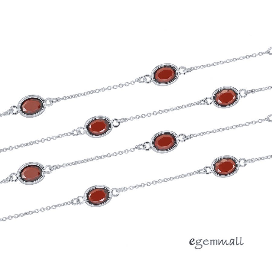 Bulk Sterling Silver Garnet CZ Bezel Set Oval Connector Chain SOLD BY 1.5" 97938