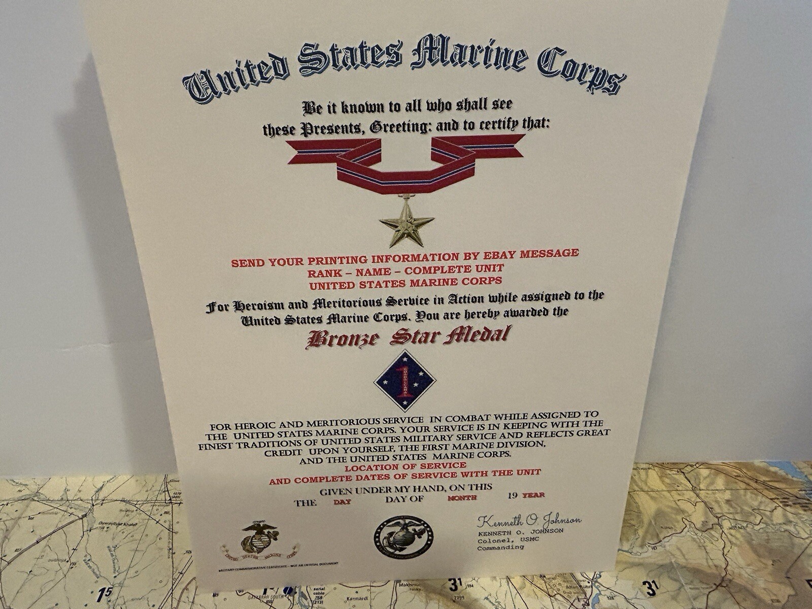 U.S.M.C. / BRONZE STAR MEDAL CERTIFICATE - 1ST MARINE DIVISION