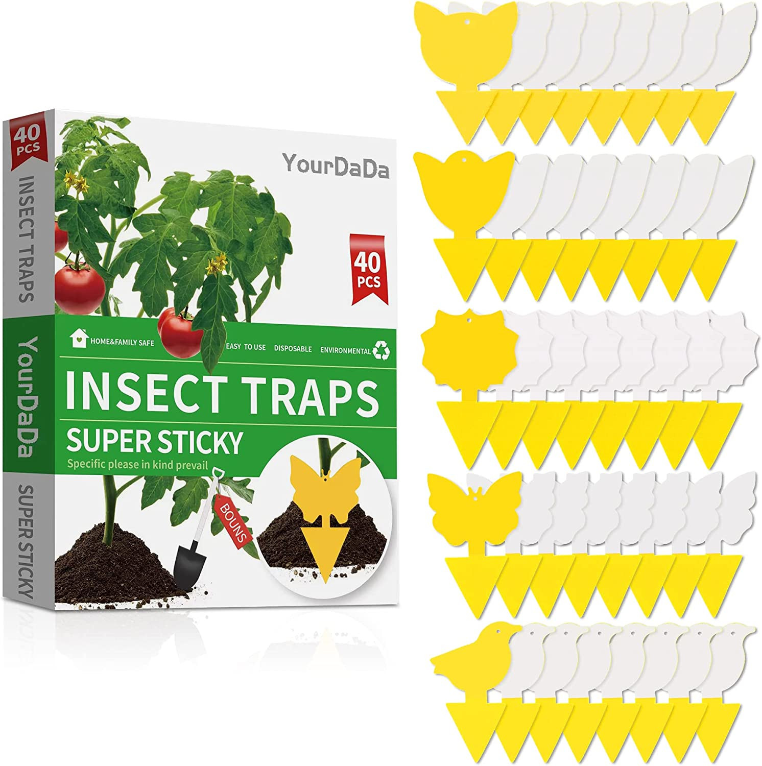 40 Pcs 5 Shapes Yellow Extremely Sticky Traps for Fungus Gnat, Fruit Fly, Fly, W