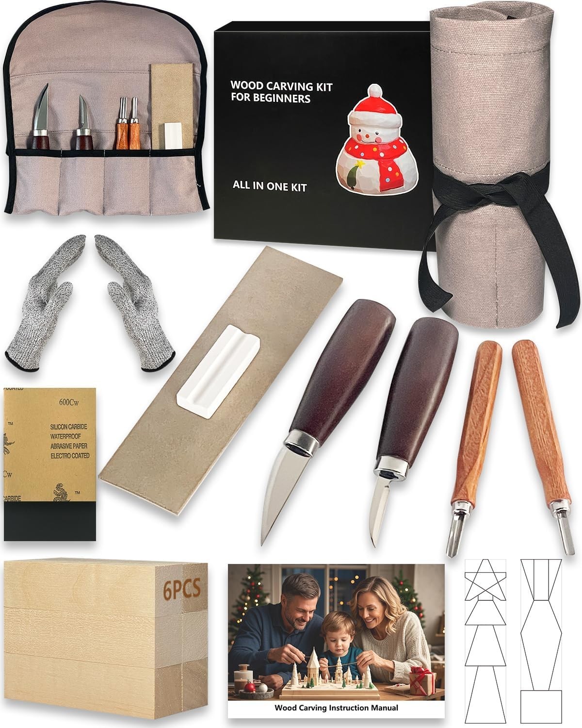 Wood Carving Kit for Beginners Whittling with Template & Video Tutorials...
