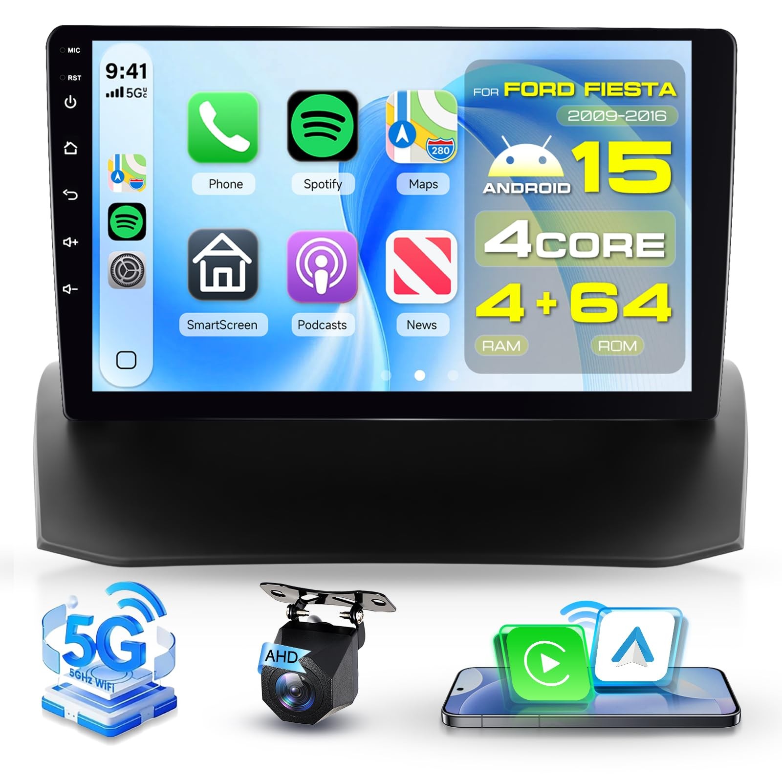 4 Core 4G+64G for Ford Fiesta 2009-2016 Car Radio Stereo Upgrade, 9" 1280P...