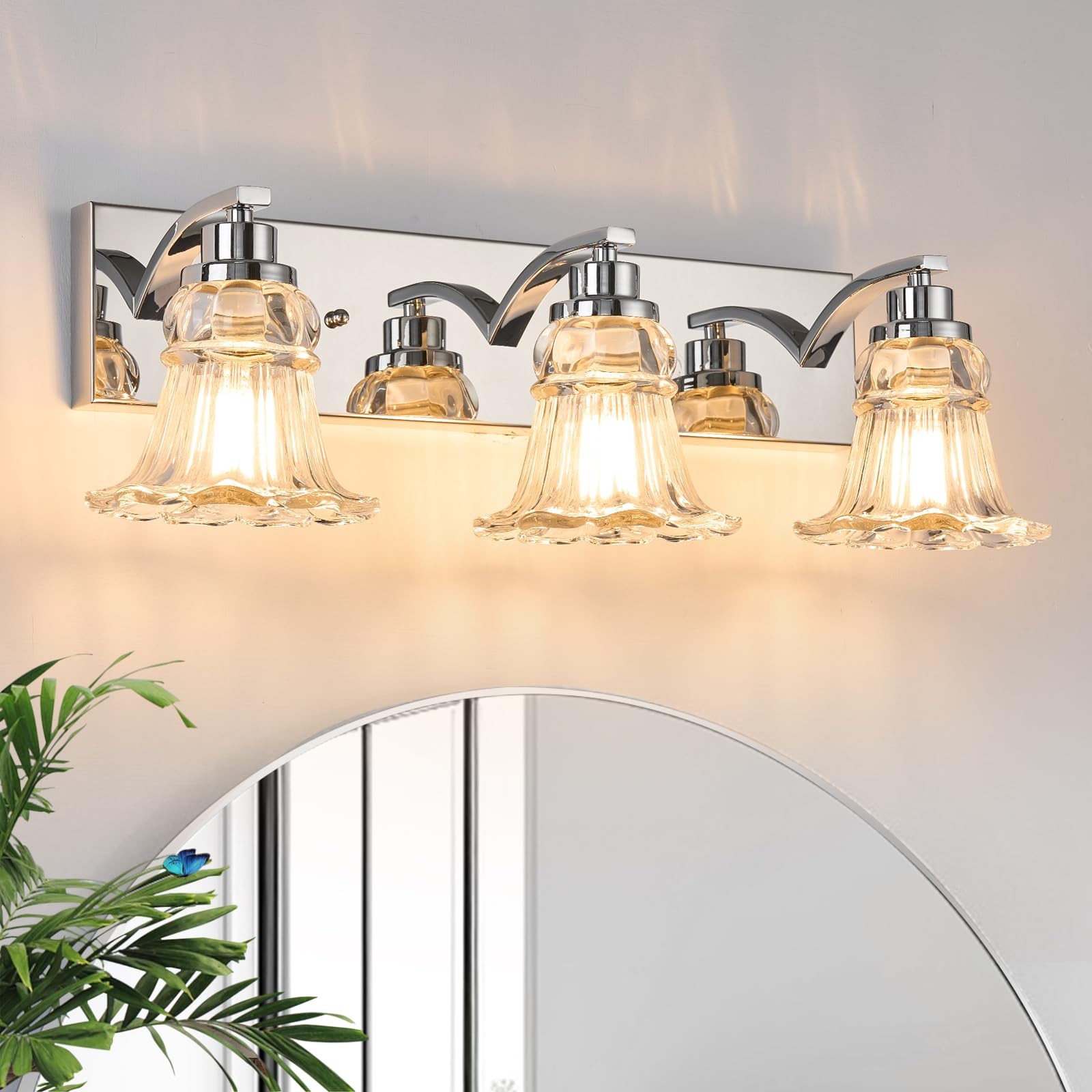 Vintage 3-Light Bathroom Vanity Light, Chrome Bathroom Light Fixtures with Fl...