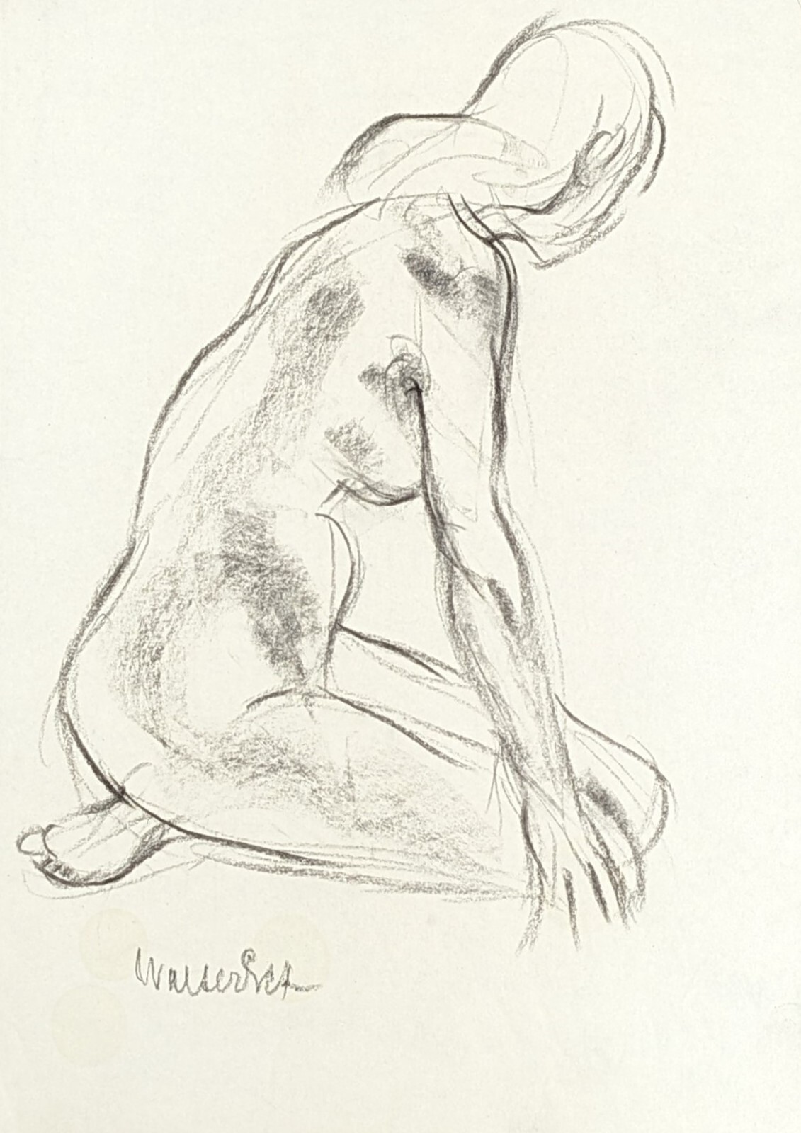 Walter Eck, seated nude, drawing, autographed