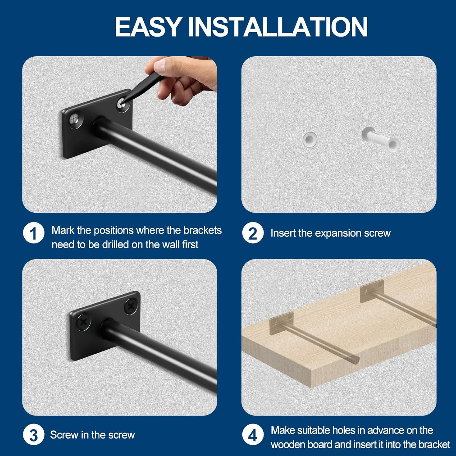 8 Pcs 6" Black Solid Steel Floating Shelf Bracket Blind Shelf Supports - Hidden