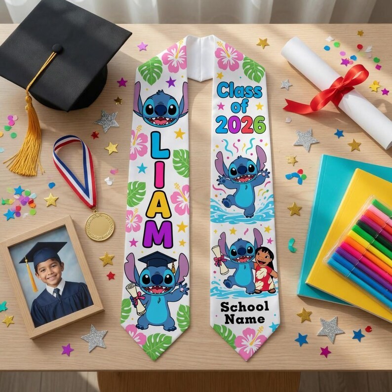 Custom Lilo And Stitch Tropical Hibiscus Flowers Class Of 2026 Graduation Stole