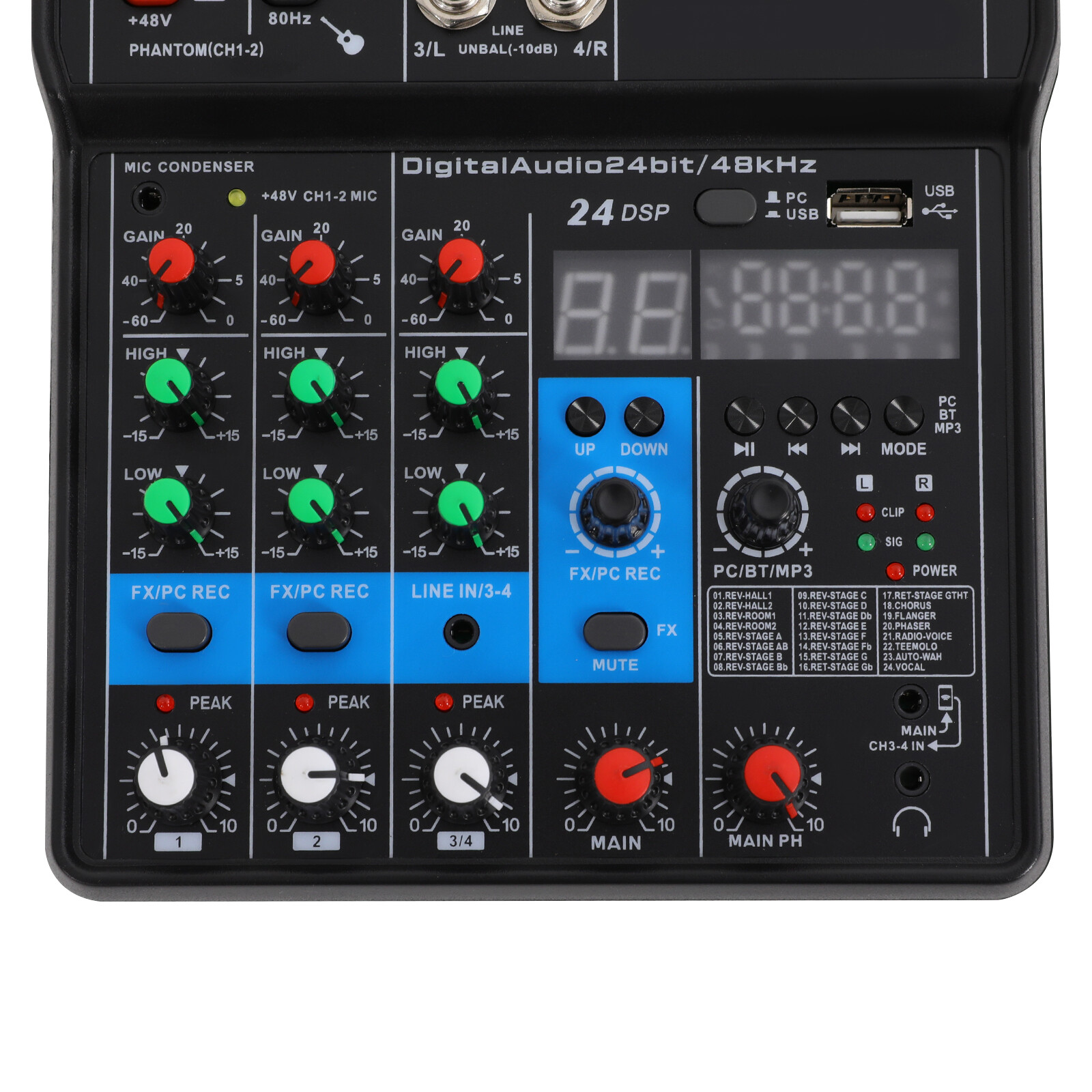 Mini Audio Mixer Bluetooth USB DJ Console 4 Channel Karaoke Live Studio 24 DSP