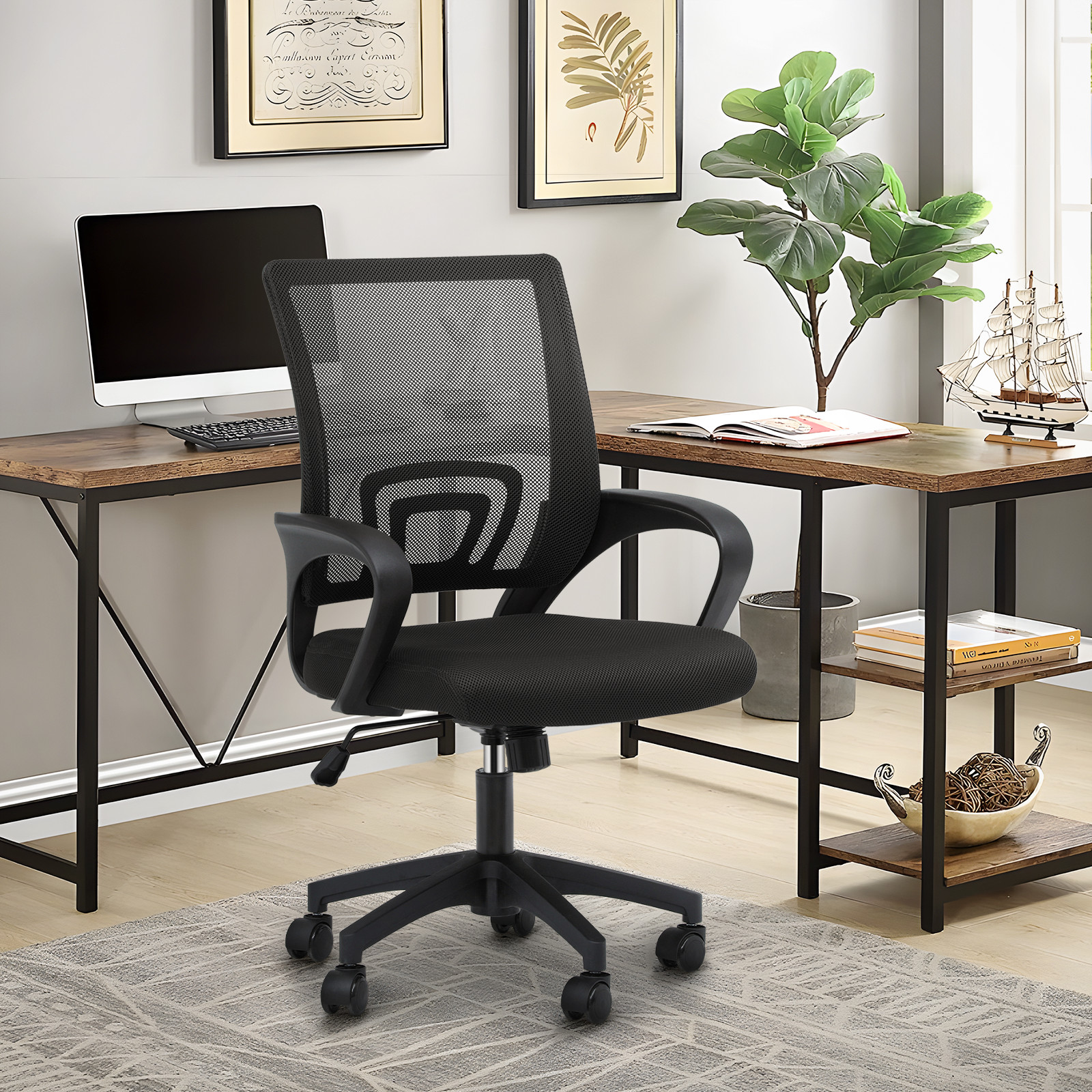 Rolling Computer Chair[PURE BLACK]Breathable Mesh Meeting Room Home Office Seat