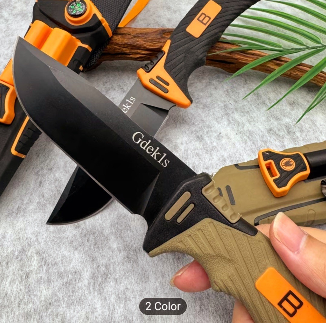 Gdekls Survival Knife 10.5cm Khaki /Sheath Fire Starter Compass Knife Sharpener