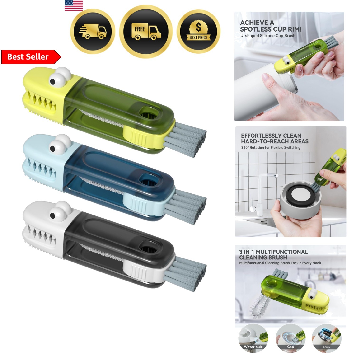 Cleaning Brush Set 3 in 1 Bottle Lid Gap Crevice Multiuse Brush Kitchen Tools