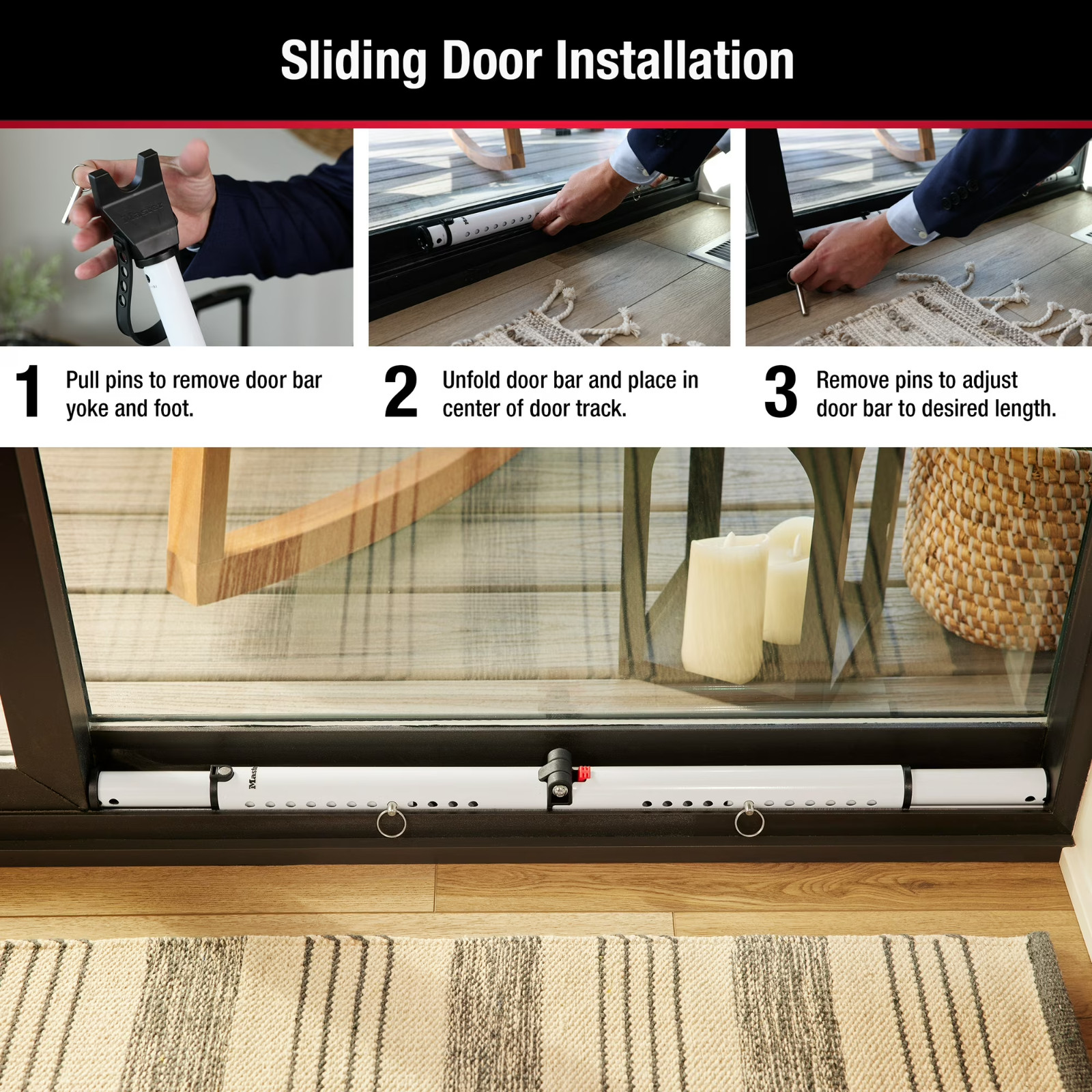 Master Lock Folding Security Bar, Compact Adjustable Door Stopper for Hinged and