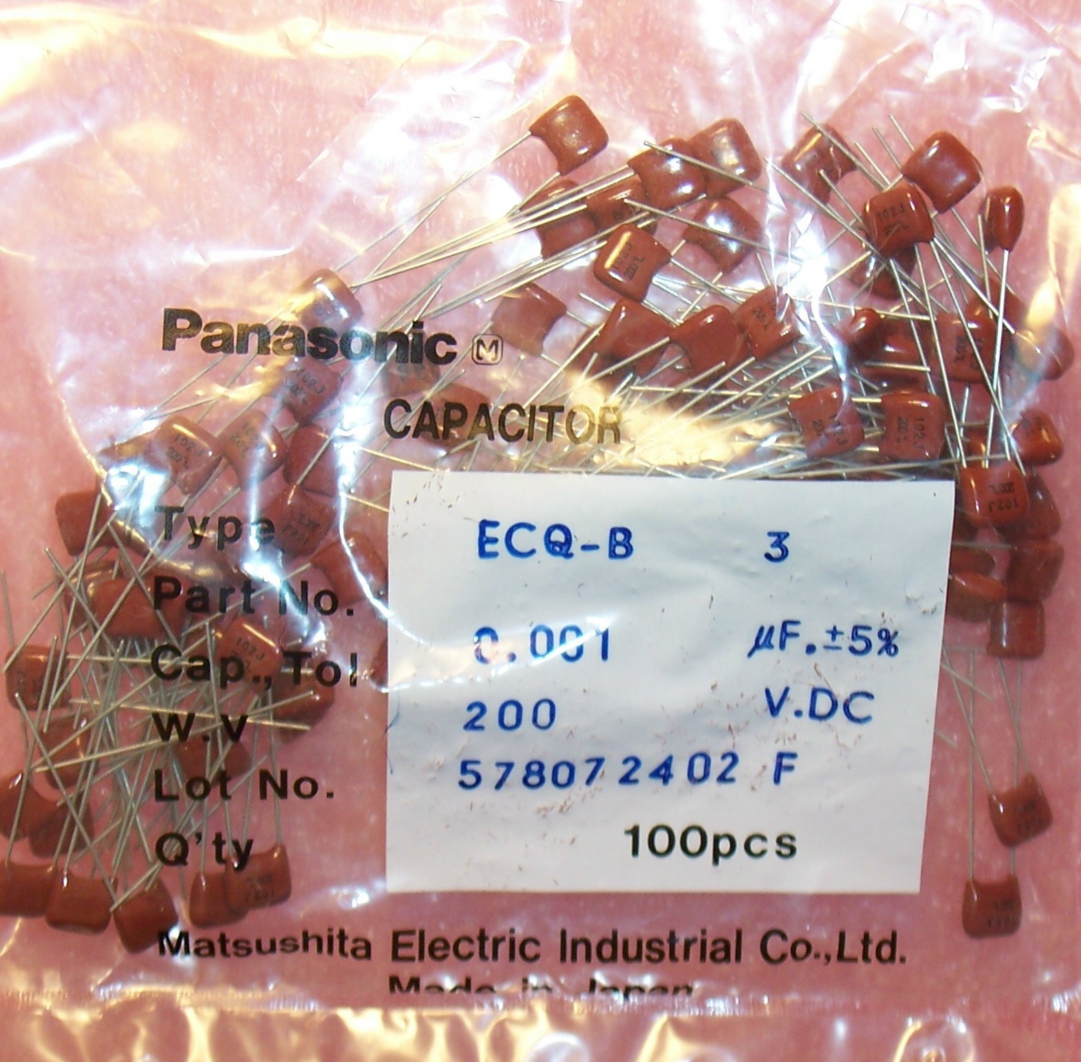 QTY (100) 1000pf .001uf 200V 5% POLYESTER FILM CAPACITORS ECQB2102JF PANASONIC