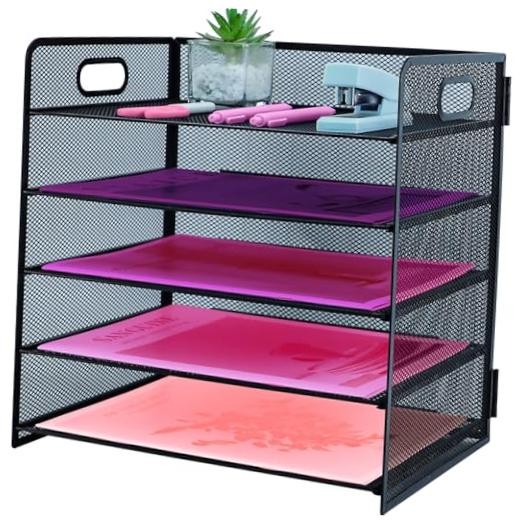 5 Tier Lettrer Tray Organizer with Handle, Metal Mesh 12.7" x 10.1" x 13" Black