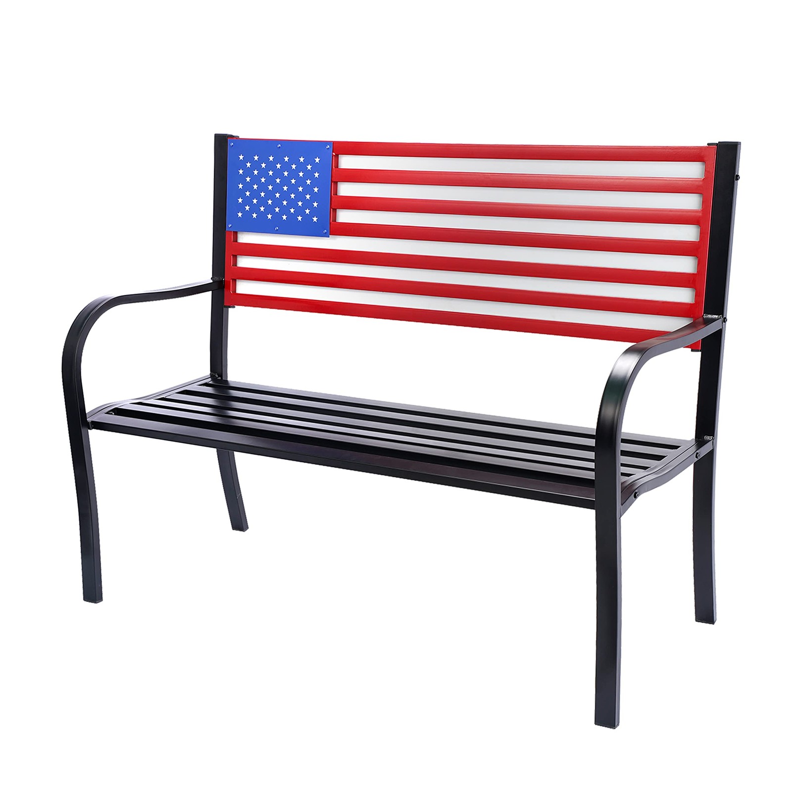 American Flag Outdoor Welcome Bench - 55 Inch Metal Patio Decor