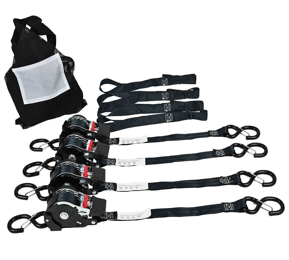 1''x12' Retractable Ratchet Straps Kit w/ Safety Lock S Hook, 4 Soft Loops & Bag
