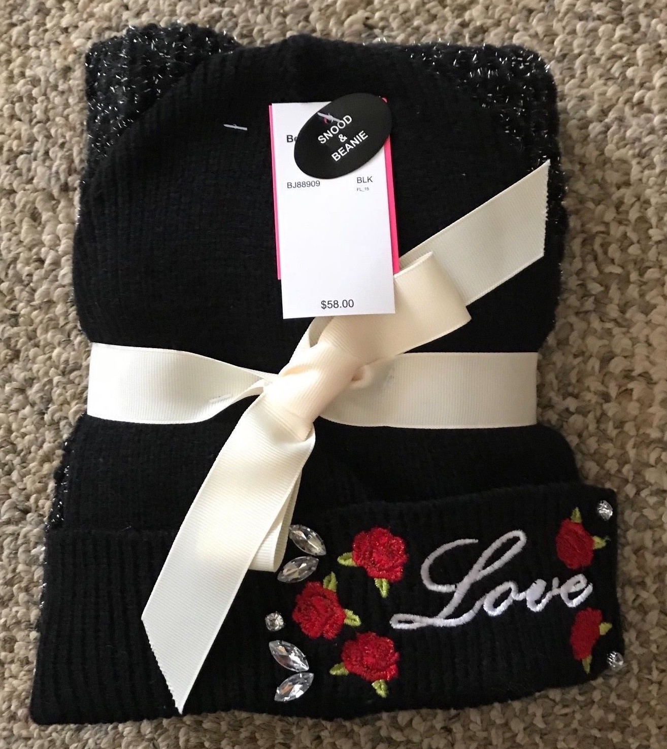 Betsey Johnson Scarf Hat Set Knit Snood & Beanie Black Love Women's Teen Girls