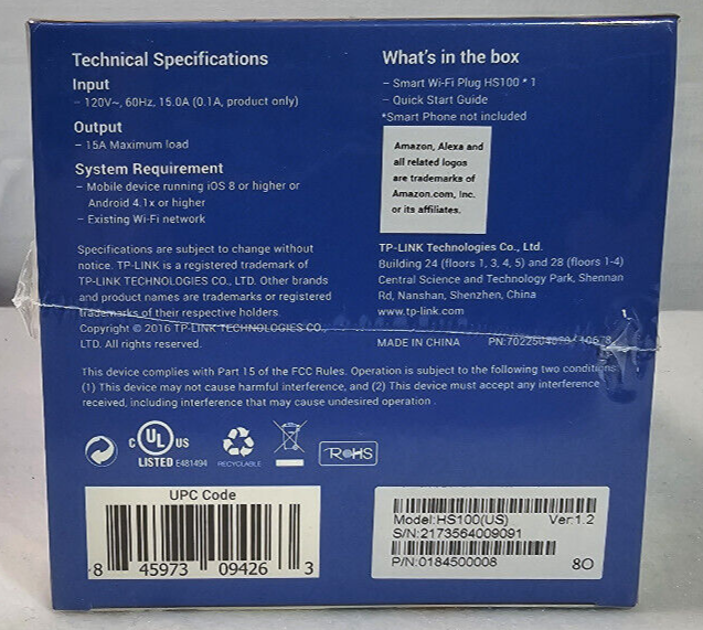 TP-LINK Smart Wi-Fi Plug HS100 White - New in Box, Sealed