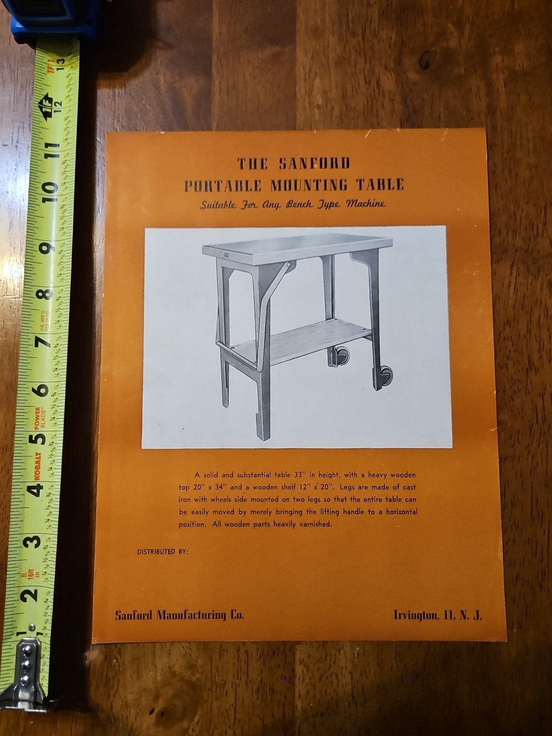SANFORD PORTABLE MOUNTING TABLE ADVERTISMENT IRVINGTON NEW JERSEY