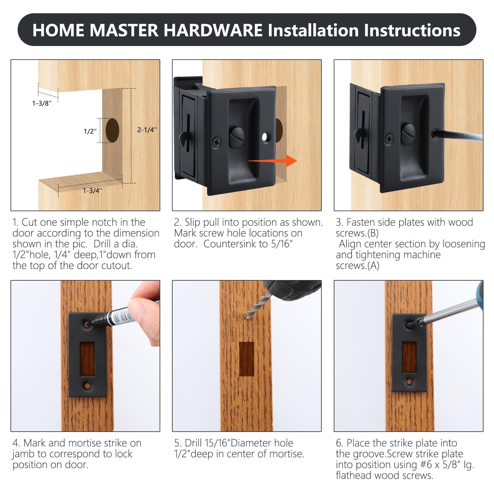 HOME MASTER HARDWARE Privacy Pocket Door Lock Pull 2-3/4”x2-1/2”, Black-1PACK