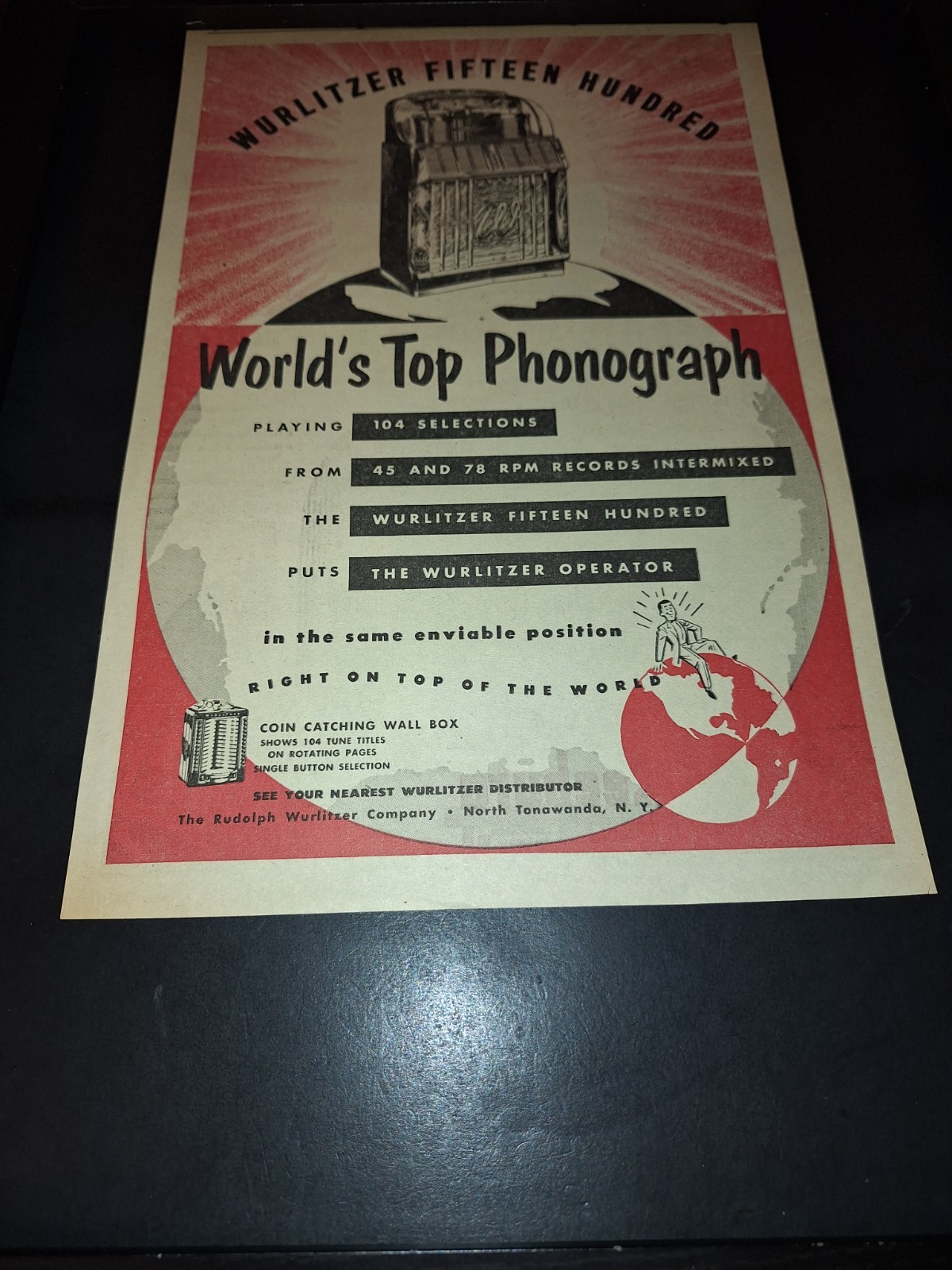 Wurlitzer Fifteen Hundred Jukebox Rare Original 1952 Promo Poster Ad Framed! #2