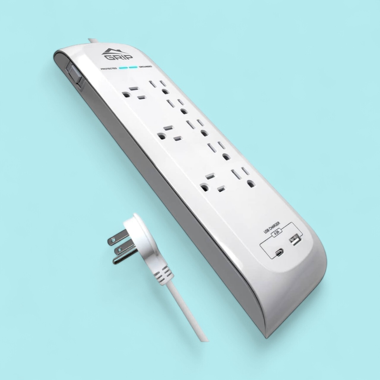 GRiP 8-Outlet Surge Protector- 6ft - Flat Plug - USB-C + USB-A) - 4200J – White