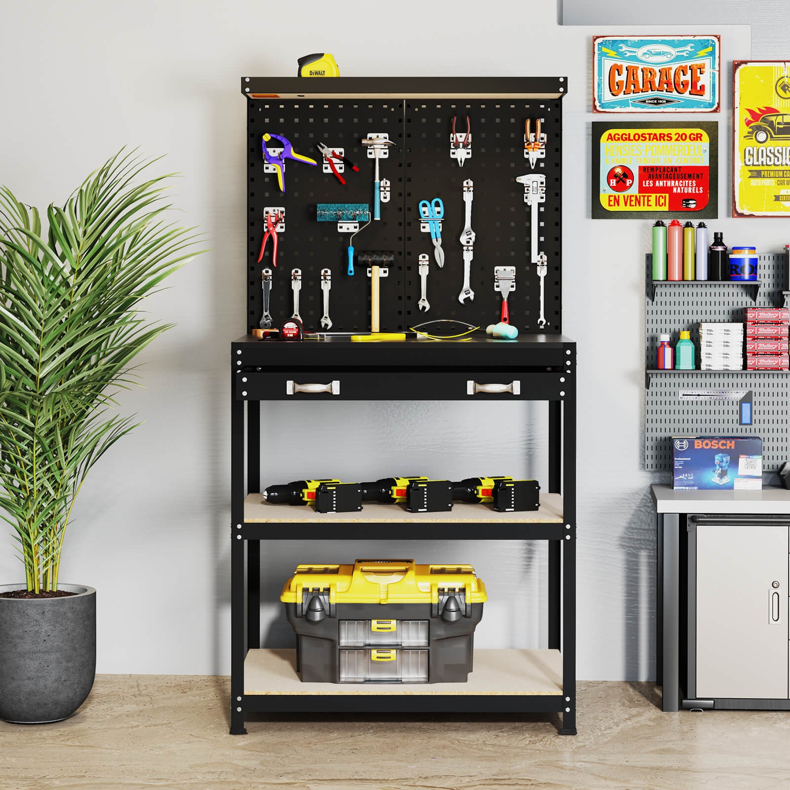 32" x 16" Workbench with Pegboard 20PCS Tool Hooks Drawer and Open Shelves
