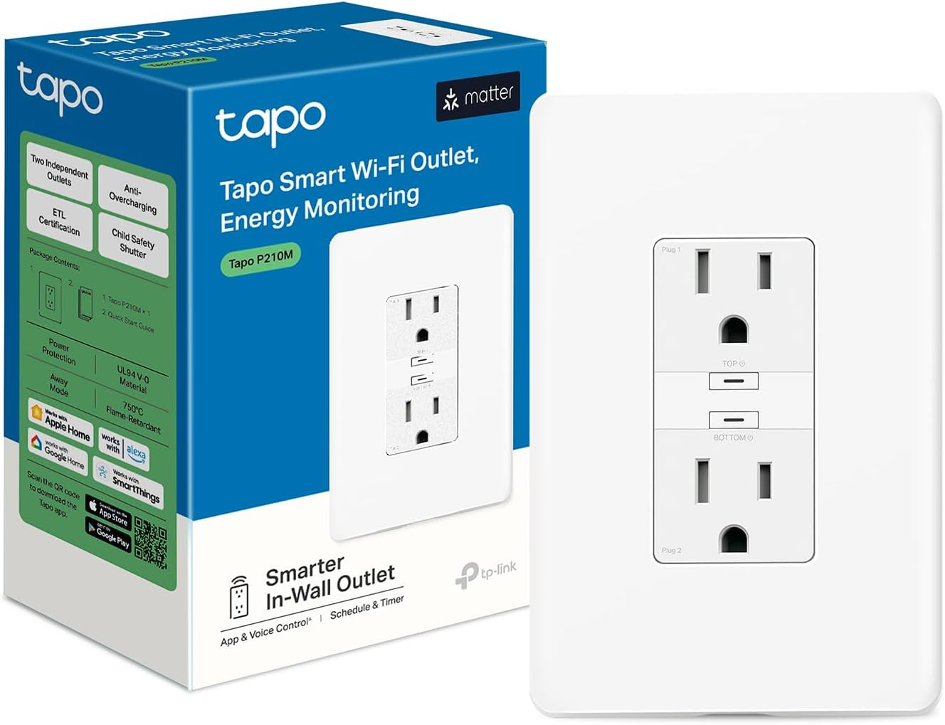 Tapo Smart Plug, Wi-Fi in-Wall Outlet, Matter Compatible, Energy Monitoring, 15A