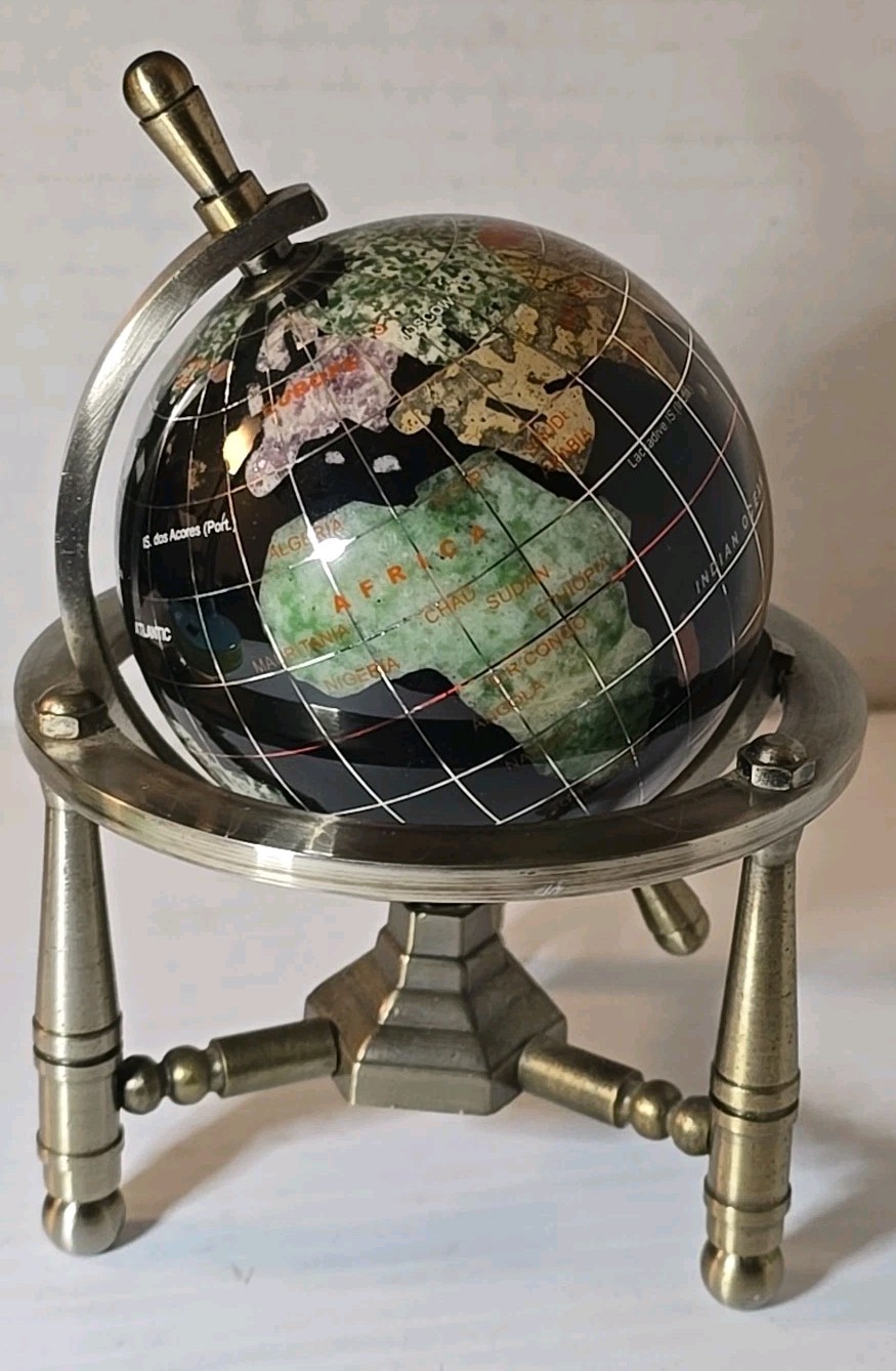 Art 6" World Globe Black Onyx Ocean Mini Table Top Gemstone Silver Tone Tripod