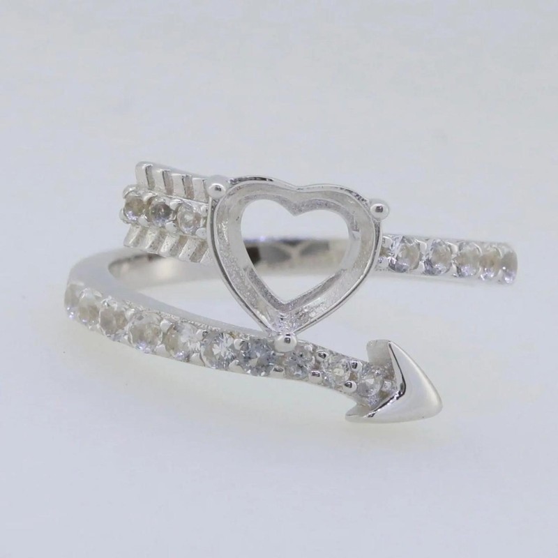 925 Sterling Silver 8mm Heart Cut Semi Mount Women Ring Cupid Arrow Bypass Ring