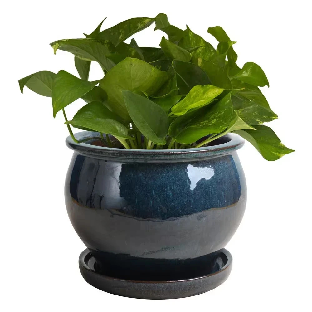 9 In. Dia Blue Solid Studio Ceramic Planter