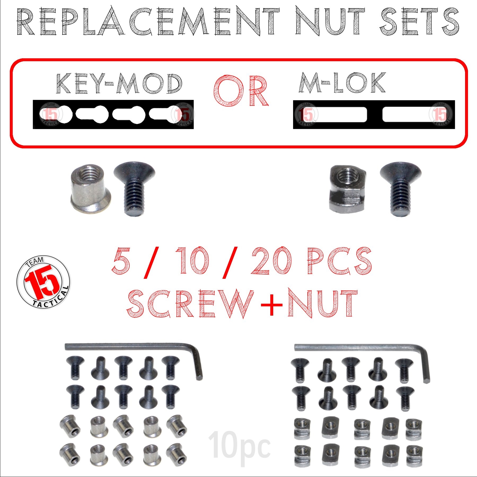 KeyMod or M-LOK MLOK  Rail Accessory Nut Screw Set 5, 10 or 20 pieces - Steel