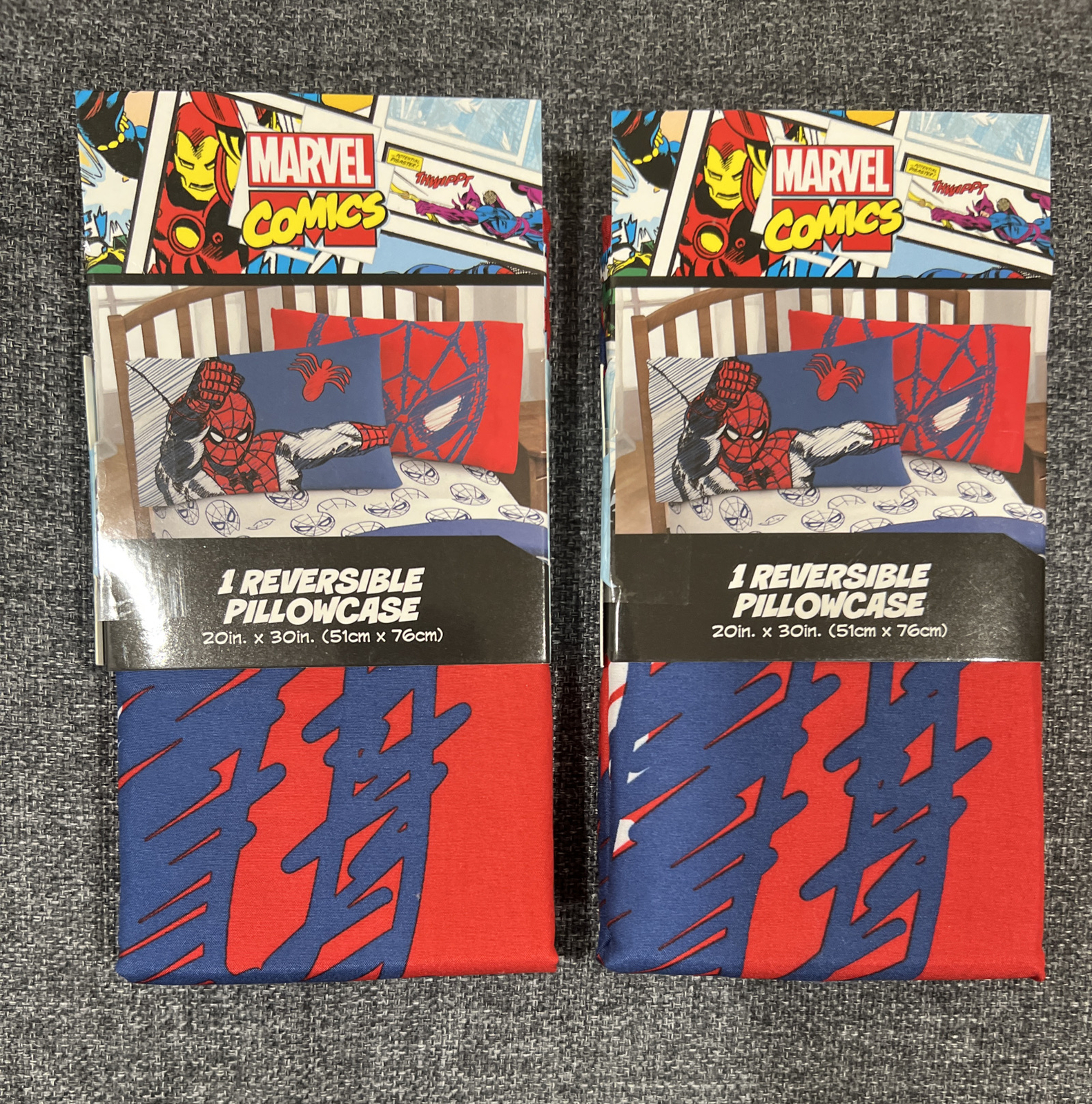 Marvel Comics Spider-Man Reversible Pillowcase Red Blue 20x30 - Lot of 2