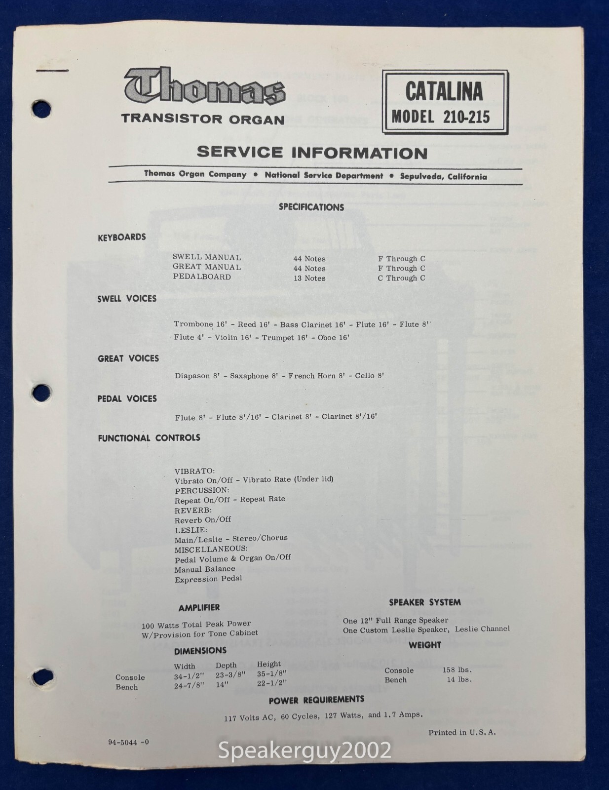 Original Thomas Organ Service Manual / Catalina 210 215 -- #1