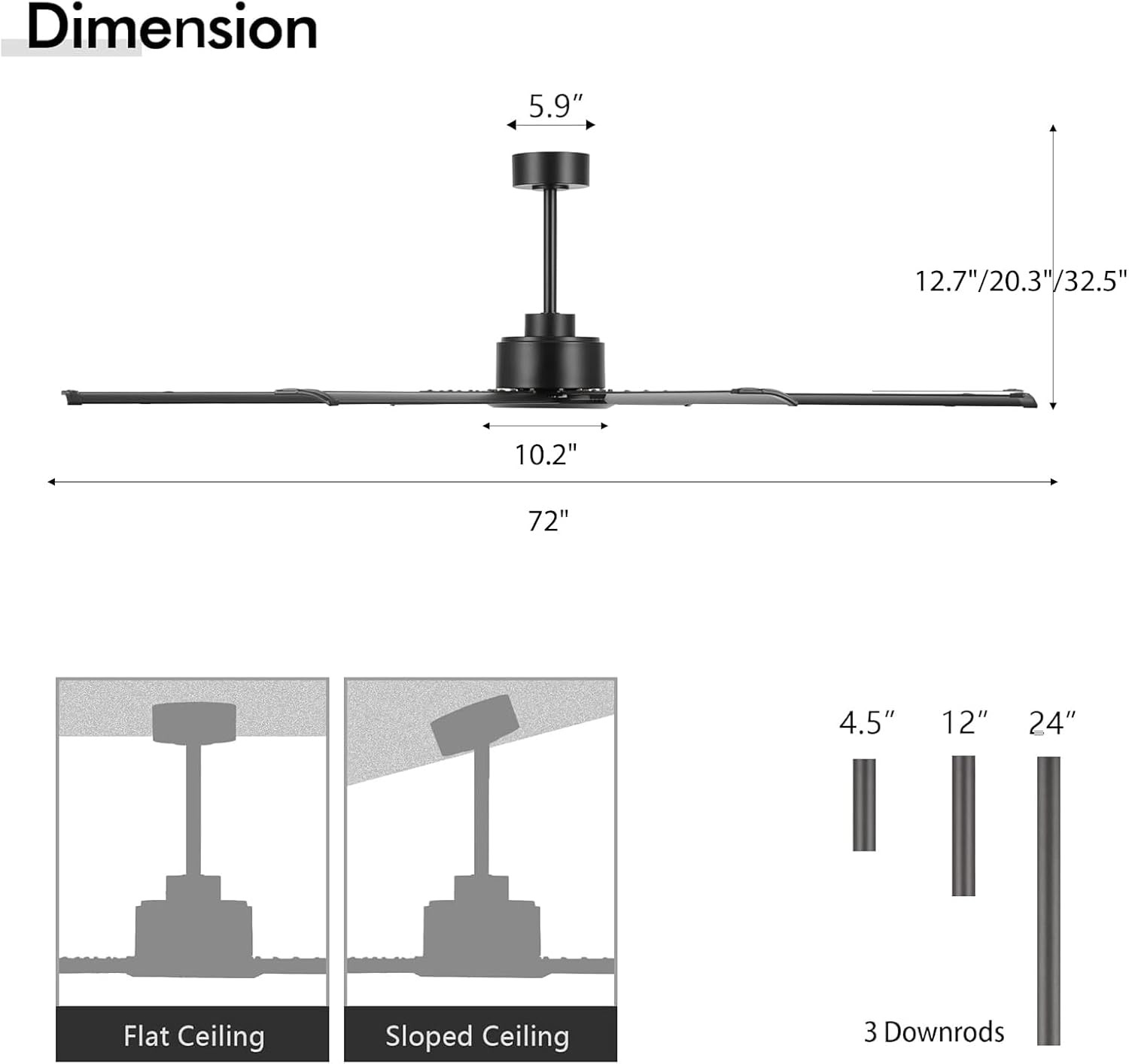 72" Ceiling Fan No Light, Reversible DC Motor, 6 Speed Remote Control, Industria