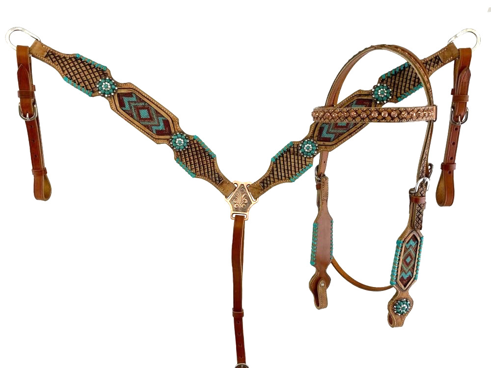 Turquoise/burgundy Southwest beaded Western headstall/ breastcollar set w/reins