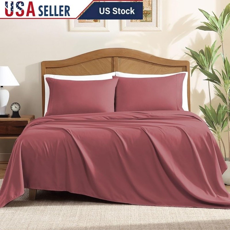 Soft Microfiber Embroidered 4-Piece Sheet Set Comfortable All-Season Bedding New