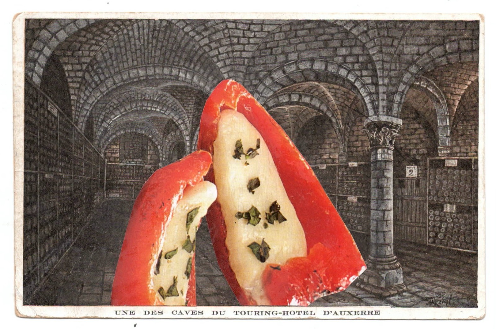 Mail Art David Greenberger "Bright Food in the Catacombs" collaged postcard 2026