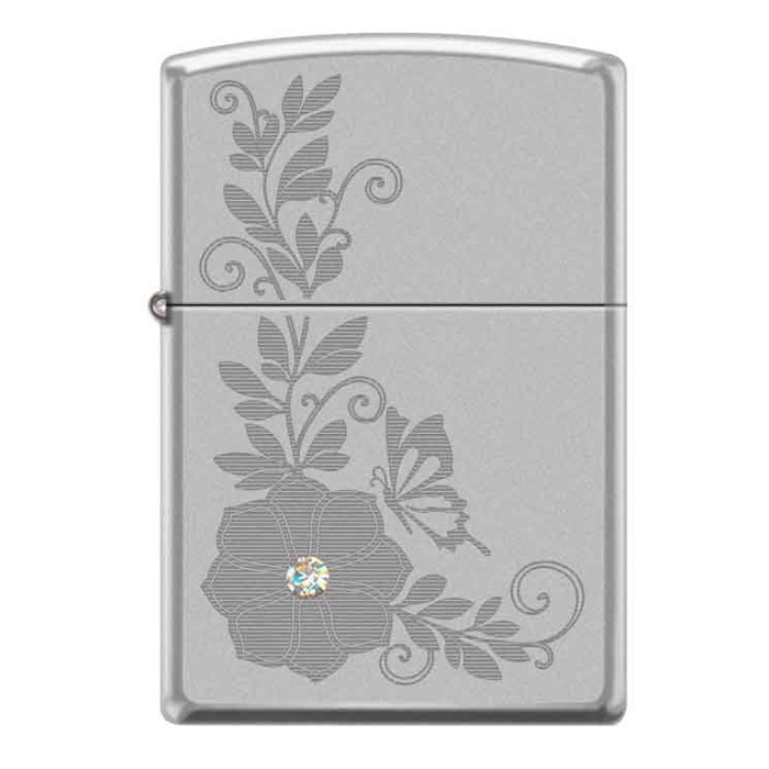 Gorgeous Engraved Flower With Swarovski Crystal   Zippo Lighter