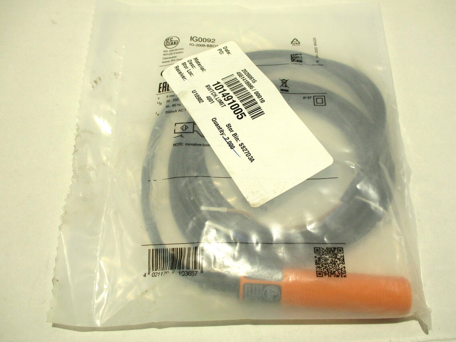 IFM IG0092 INDUCTIVE SENSOR 8MM SENSING RANGE / NEW IN FACTORY PACKAGING