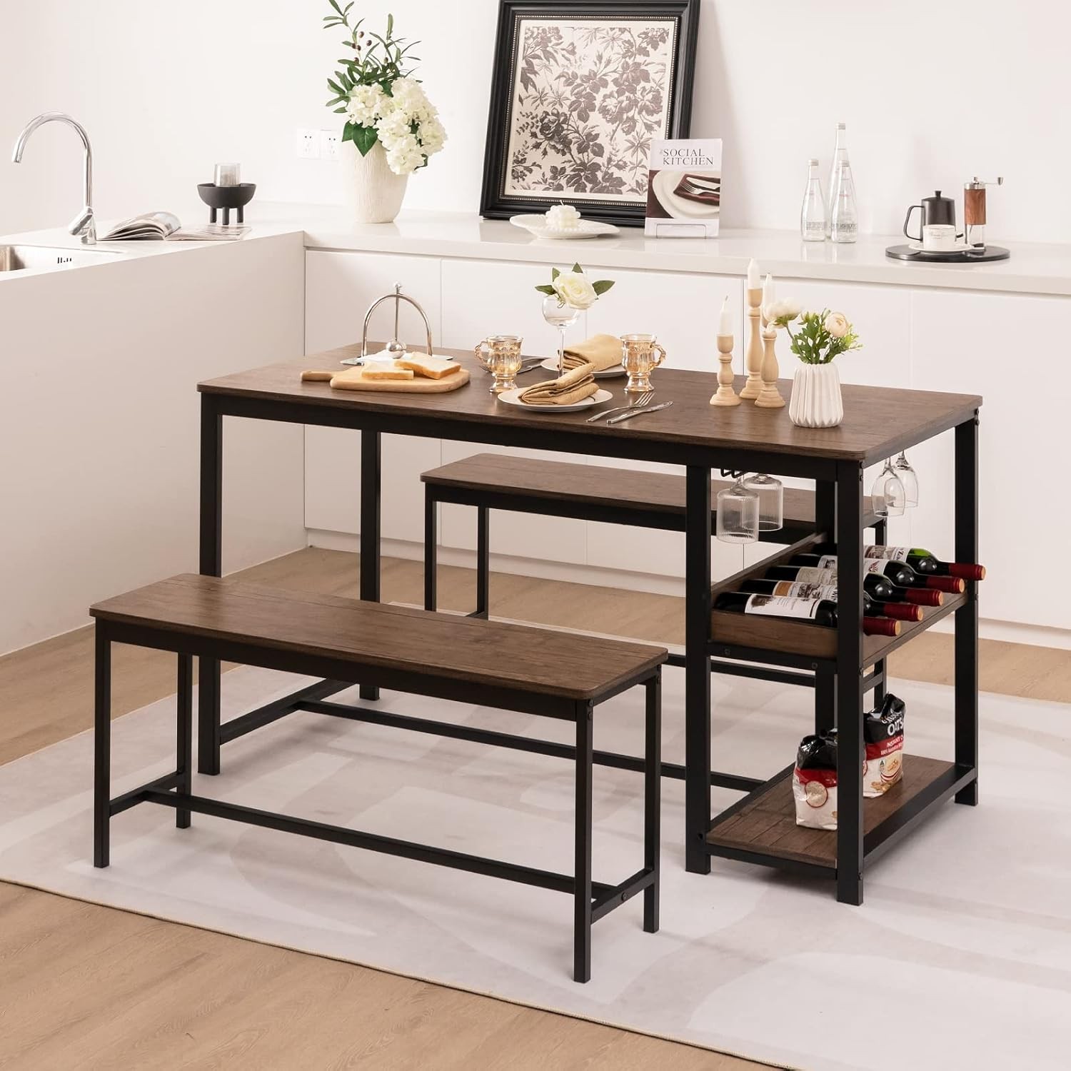 Dining Table Set for 4 3-Piece 55" L Kitchen Table Set w/ 2 Benches Breakfast