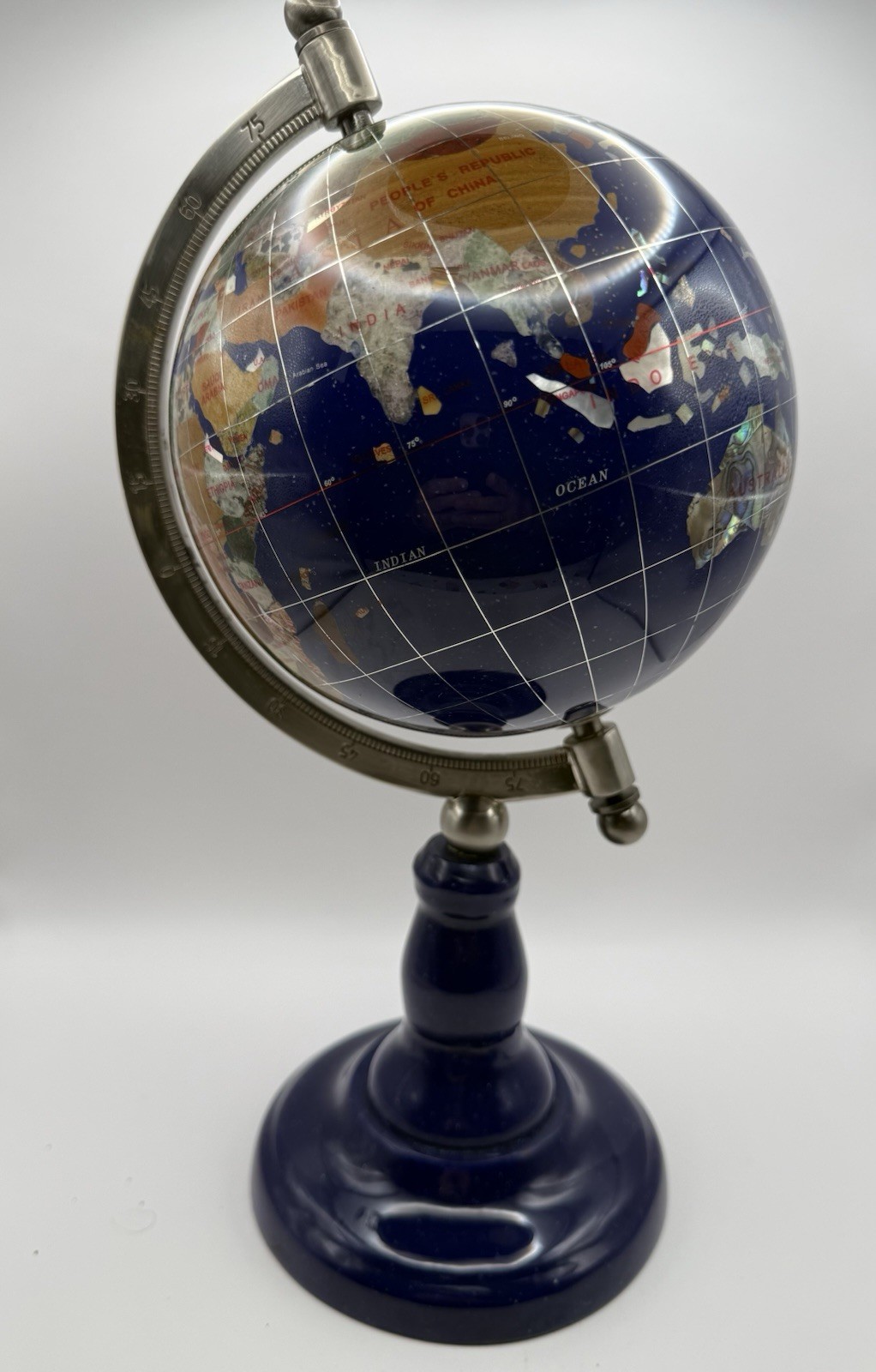 🌎Vintage Lachmann Gemstone Inlay World Globe Blue Oceans 13” Germany🌏