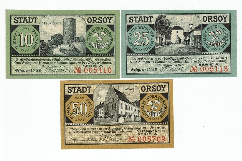SET OF 3 GERMANY NOTGELD 10.25.50 PFENNIG STADT-ORSOY 1921 UNC