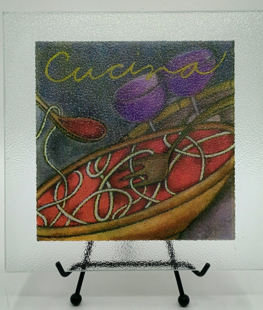 Cucina Square Glass Trivet Cork Back Decorative Spaghetti Wine 8" x 8"