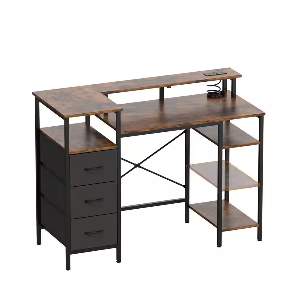 47.2 in Rectangle Computer Brown Wood 3-Drawer Computer Desk with Storage, Shelv