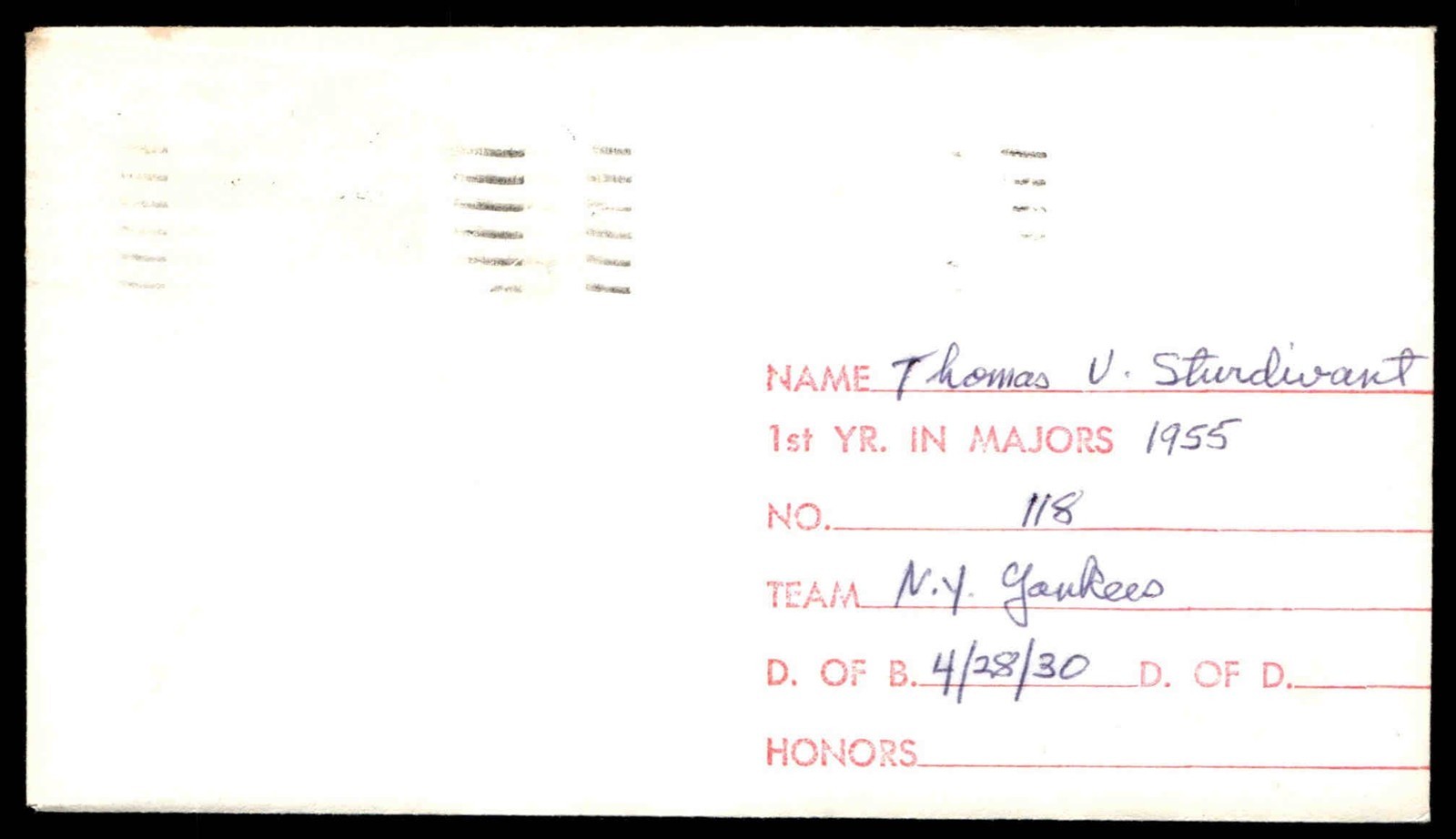 Tom Sturdivant Pirates Baseball Signed Envelope Auto JSA Pre-Cert *X1138