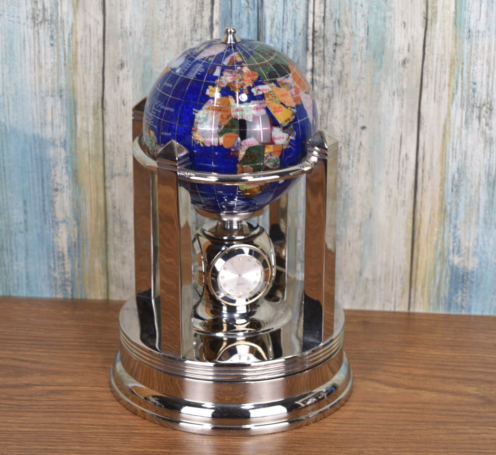 Caribbean Blue Gemstone Rotating Musical Globe With Clock & Thermometer