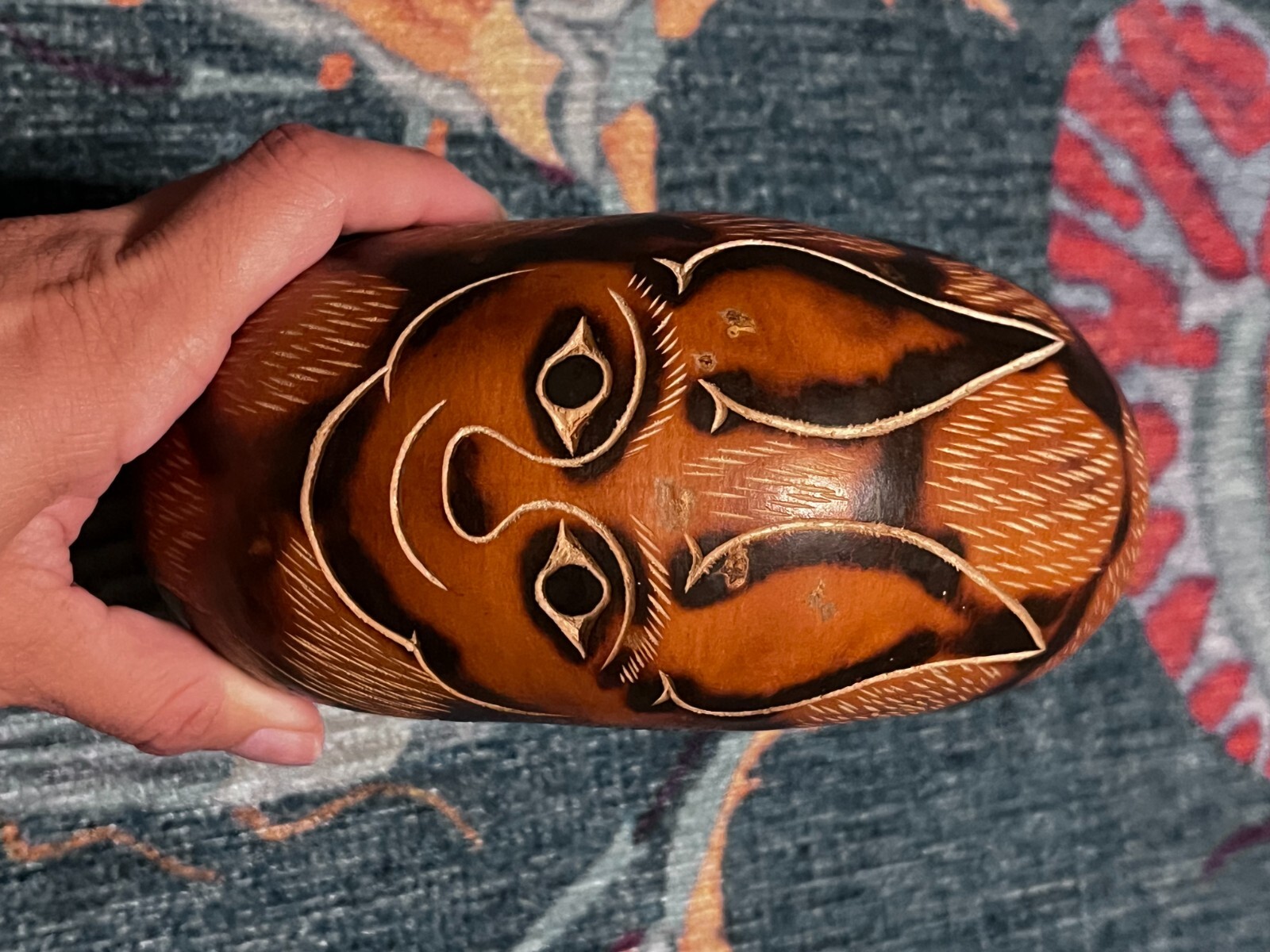 Vintage Peruvian Hand-Carved Gourd Squash Folk Art w/ Chupacabra