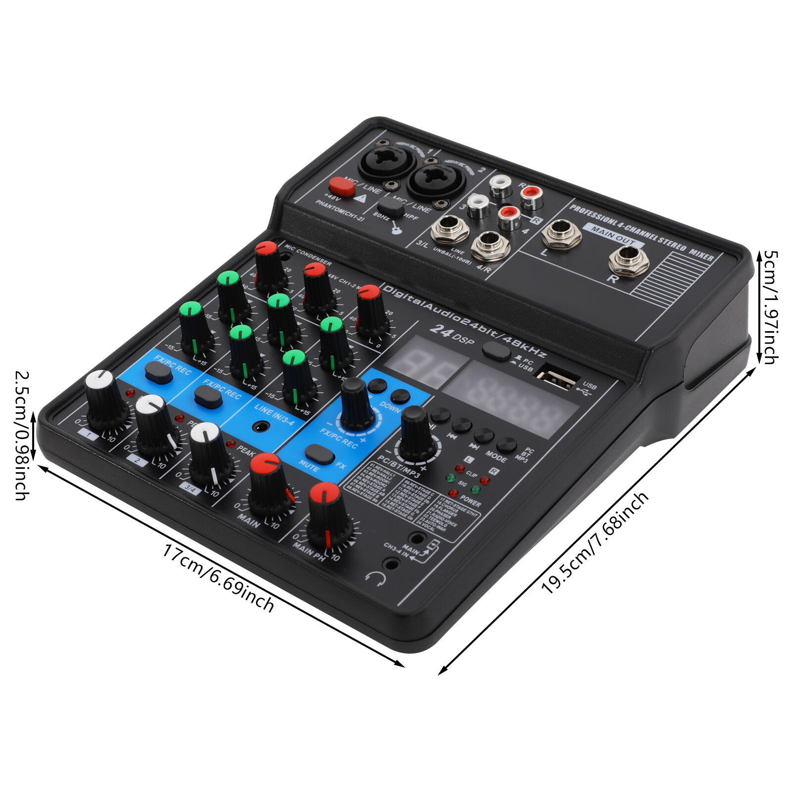 Mini Audio Mixer Bluetooth USB DJ Console 4 Channel Karaoke Live Studio 24 DSP