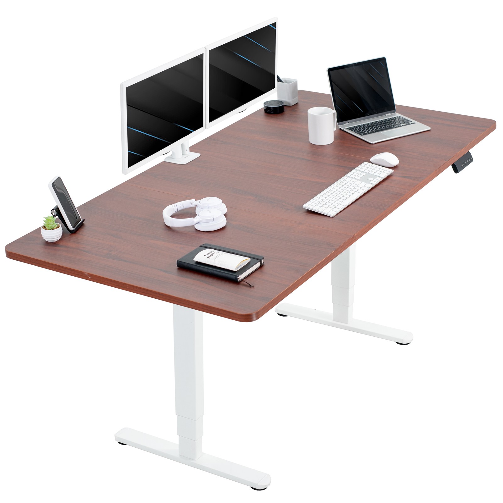 VIVO Electric 71” x 36” Stand Up Desk, Dark Walnut Table Top, White Frame
