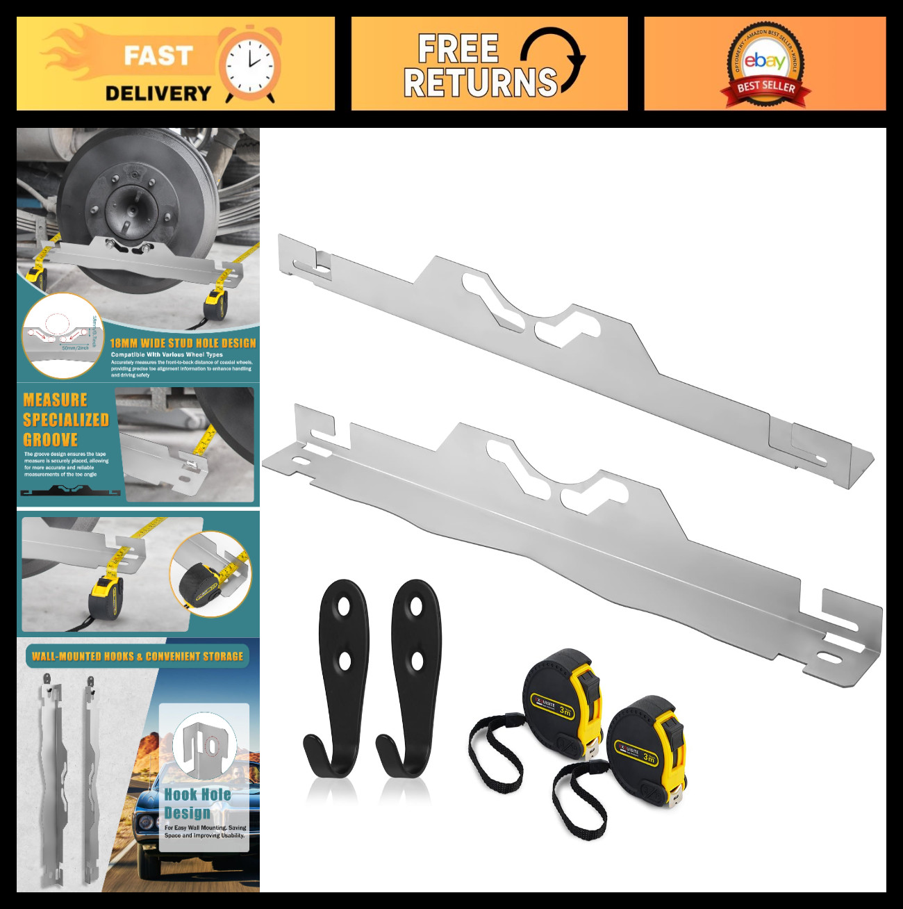 Heavy Duty Wheel Alignment Tool Kit with 2 Tape Measures & Stainless Steel Plate